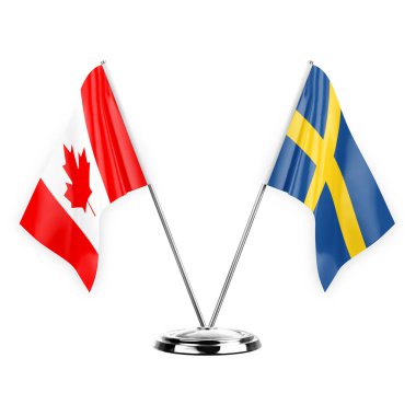 Two table flags isolated on white background 3d illustration, canada and sweden