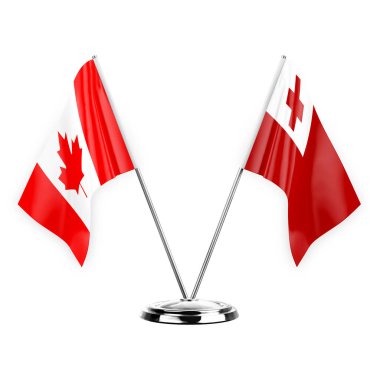 Two table flags isolated on white background 3d illustration, canada and tonga
