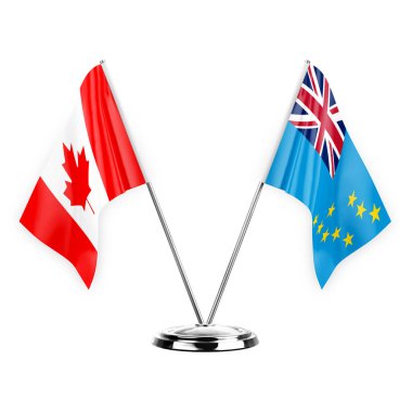 Two table flags isolated on white background 3d illustration, canada and tuvalu