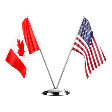 Two table flags isolated on white background 3d illustration, canada and usa