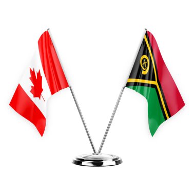 Two table flags isolated on white background 3d illustration, canada and vanuatu