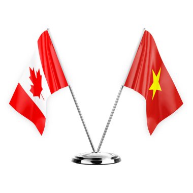 Two table flags isolated on white background 3d illustration, canada and vietnam