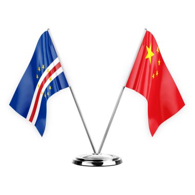 Two table flags isolated on white background 3d illustration, cape verde and china