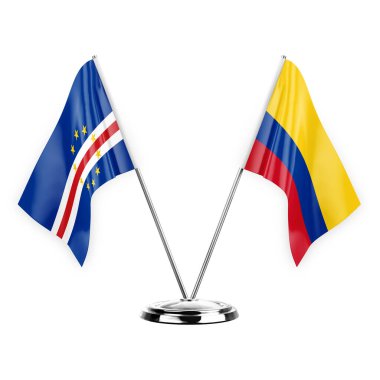 Two table flags isolated on white background 3d illustration, cape verde and colombia