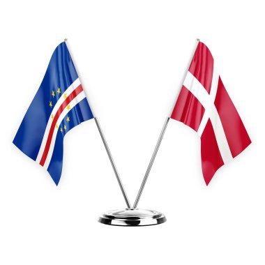Two table flags isolated on white background 3d illustration, cape verde and denmark