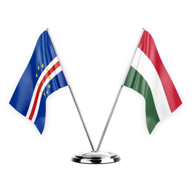 Two table flags isolated on white background 3d illustration, cape verde and hungary