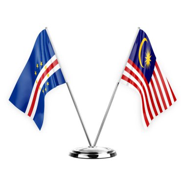 Two table flags isolated on white background 3d illustration, cape verde and malaysia