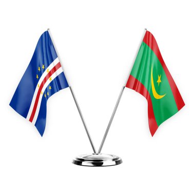 Two table flags isolated on white background 3d illustration, cape verde and mauritania