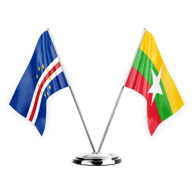 Two table flags isolated on white background 3d illustration, cape verde and myanmar