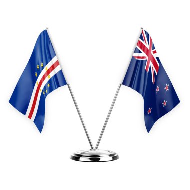 Two table flags isolated on white background 3d illustration, cape verde and new zealand