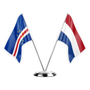 Two table flags isolated on white background 3d illustration, cape verde and netherlands