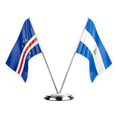 Two table flags isolated on white background 3d illustration, cape verde and nicaragua