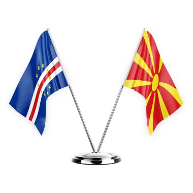 Two table flags isolated on white background 3d illustration, cape verde and north macedonia