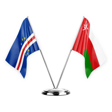 Two table flags isolated on white background 3d illustration, cape verde and oman