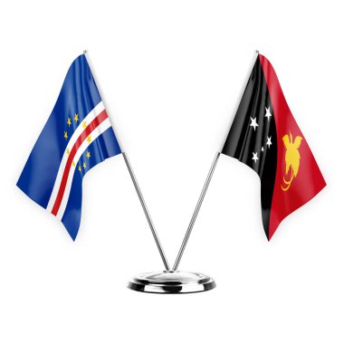 Two table flags isolated on white background 3d illustration, cape verde and papua new guinea