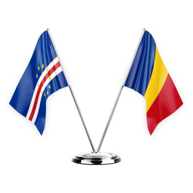 Two table flags isolated on white background 3d illustration, cape verde and romania