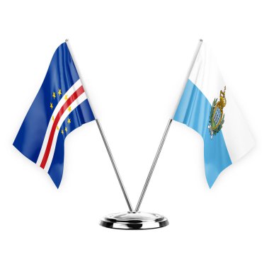 Two table flags isolated on white background 3d illustration, cape verde and san marino