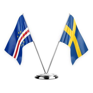 Two table flags isolated on white background 3d illustration, cape verde and sweden