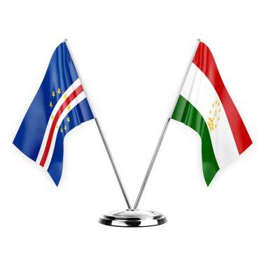Two table flags isolated on white background 3d illustration, cape verde and tajikistan