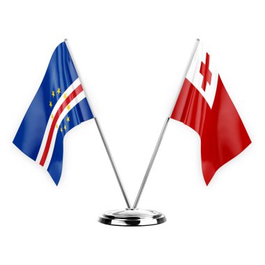 Two table flags isolated on white background 3d illustration, cape verde and tonga