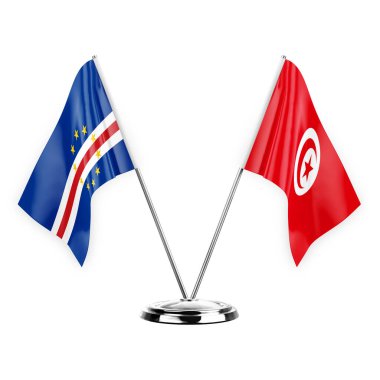 Two table flags isolated on white background 3d illustration, cape verde and tunisia