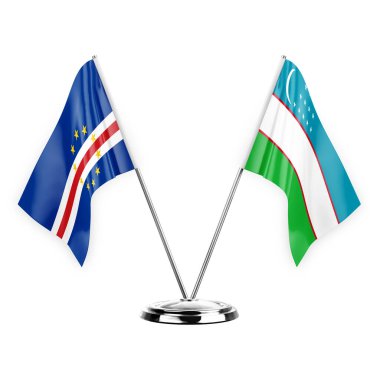 Two table flags isolated on white background 3d illustration, cape verde and uzbekistan