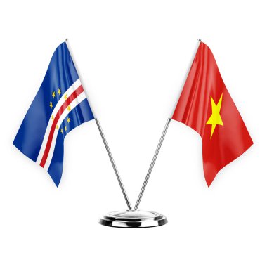 Two table flags isolated on white background 3d illustration, cape verde and vietnam