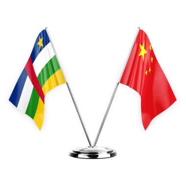 Two table flags isolated on white background 3d illustration, central african republic and china