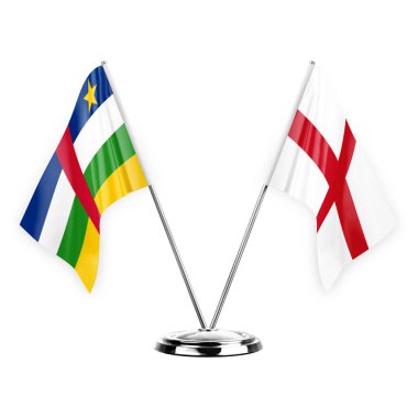 Two table flags isolated on white background 3d illustration, central african republic and england