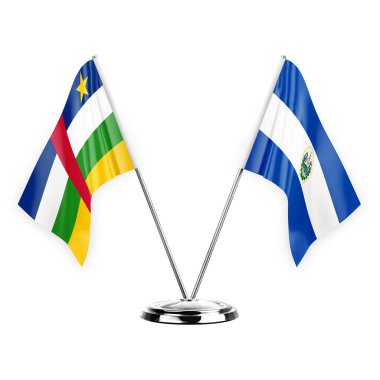 Two table flags isolated on white background 3d illustration, central african republic and el salvador