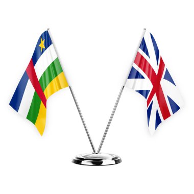Two table flags isolated on white background 3d illustration, central african republic and britain
