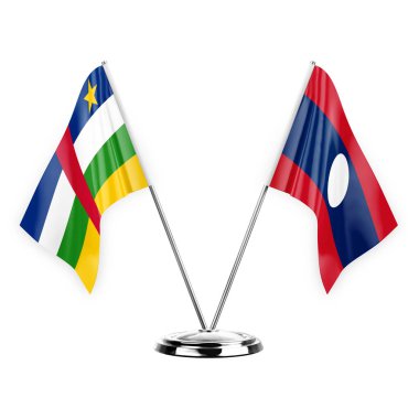 Two table flags isolated on white background 3d illustration, central african republic and laos
