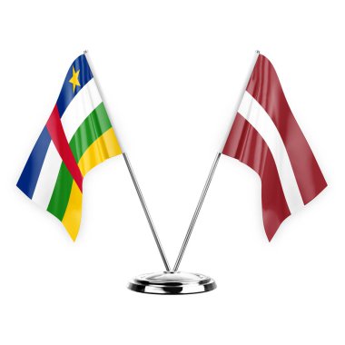 Two table flags isolated on white background 3d illustration, central african republic and latvia