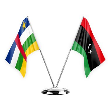 Two table flags isolated on white background 3d illustration, central african republic and libya