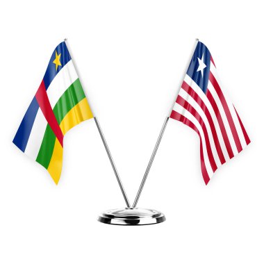 Two table flags isolated on white background 3d illustration, central african republic and liberia