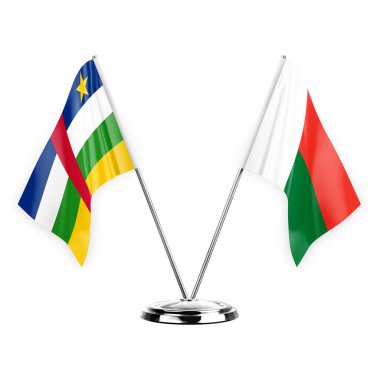 Two table flags isolated on white background 3d illustration, central african republic and madagascar