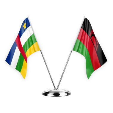 Two table flags isolated on white background 3d illustration, central african republic and malawi