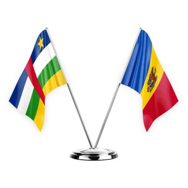 Two table flags isolated on white background 3d illustration, central african republic and moldova