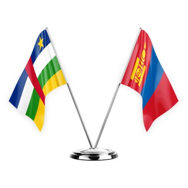 Two table flags isolated on white background 3d illustration, central african republic and mongolia