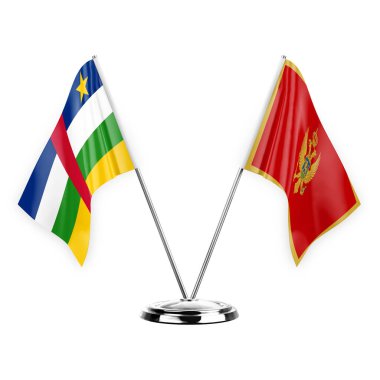 Two table flags isolated on white background 3d illustration, central african republic and montenegro