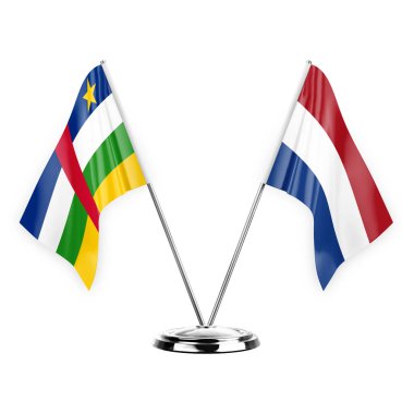 Two table flags isolated on white background 3d illustration, central african republic and netherlands