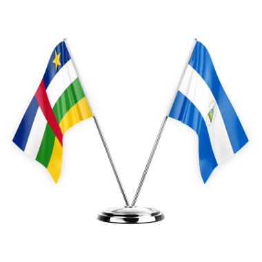 Two table flags isolated on white background 3d illustration, central african republic and nicaragua