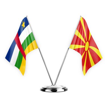 Two table flags isolated on white background 3d illustration, central african republic and north macedonia
