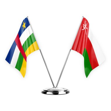 Two table flags isolated on white background 3d illustration, central african republic and oman