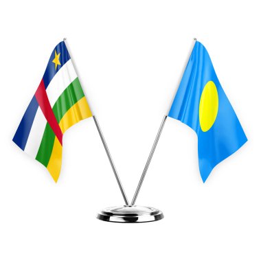 Two table flags isolated on white background 3d illustration, central african republic and palau