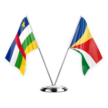 Two table flags isolated on white background 3d illustration, central african republic and seychelles