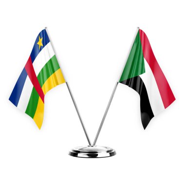 Two table flags isolated on white background 3d illustration, central african republic and sudan