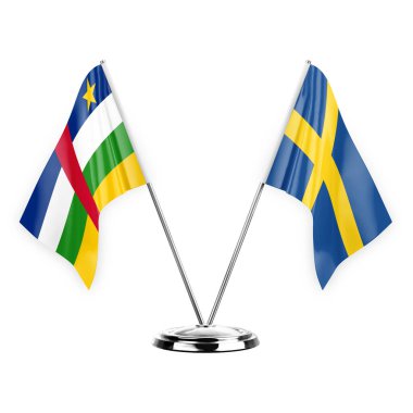 Two table flags isolated on white background 3d illustration, central african republic and sweden