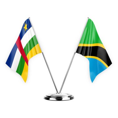 Two table flags isolated on white background 3d illustration, central african republic and tanzania