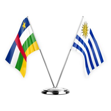 Two table flags isolated on white background 3d illustration, central african republic and uruguay